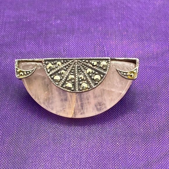Rose quartz sterling silver MARCASITE brooch - Picture 2 of 5